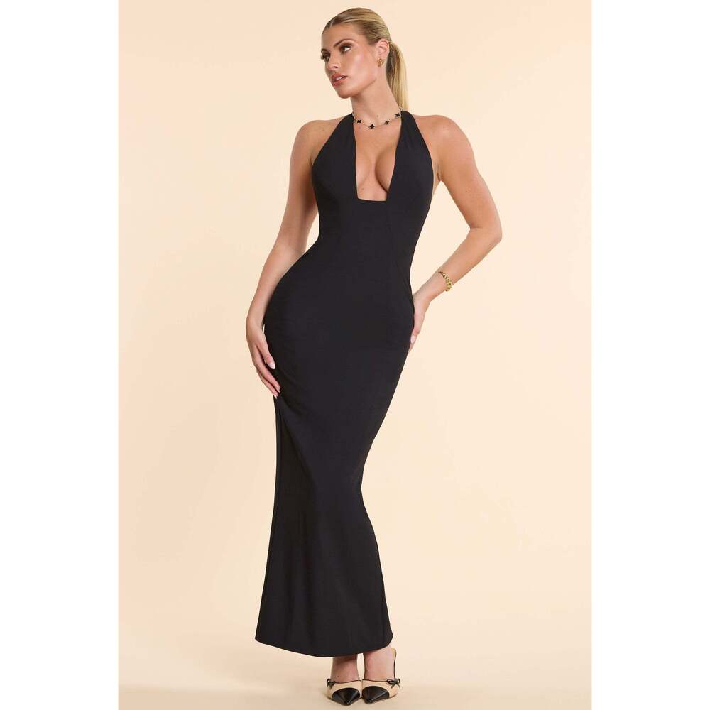 Oh Polly Woven Twill Halter Neck Plunge Maxi Dress in Black 6